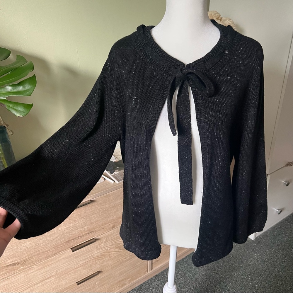 Black Sparkly Glittery Ribbon Bow Tie-Up Knit Thick Shawl Shrug Cardigan Sweater